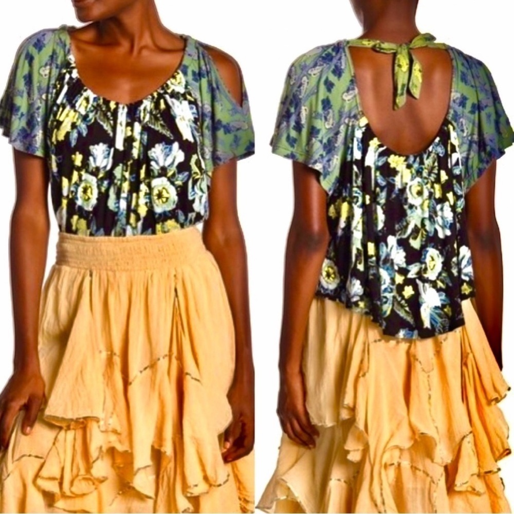 Free People “Baja Babe Cold Shoulder” top in black floral combo, size L 🖤 - Picture 2 of 13